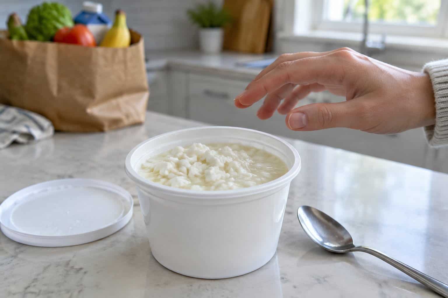 A hand hesitates over an open tub of cottage cheese on a kitchen counter.