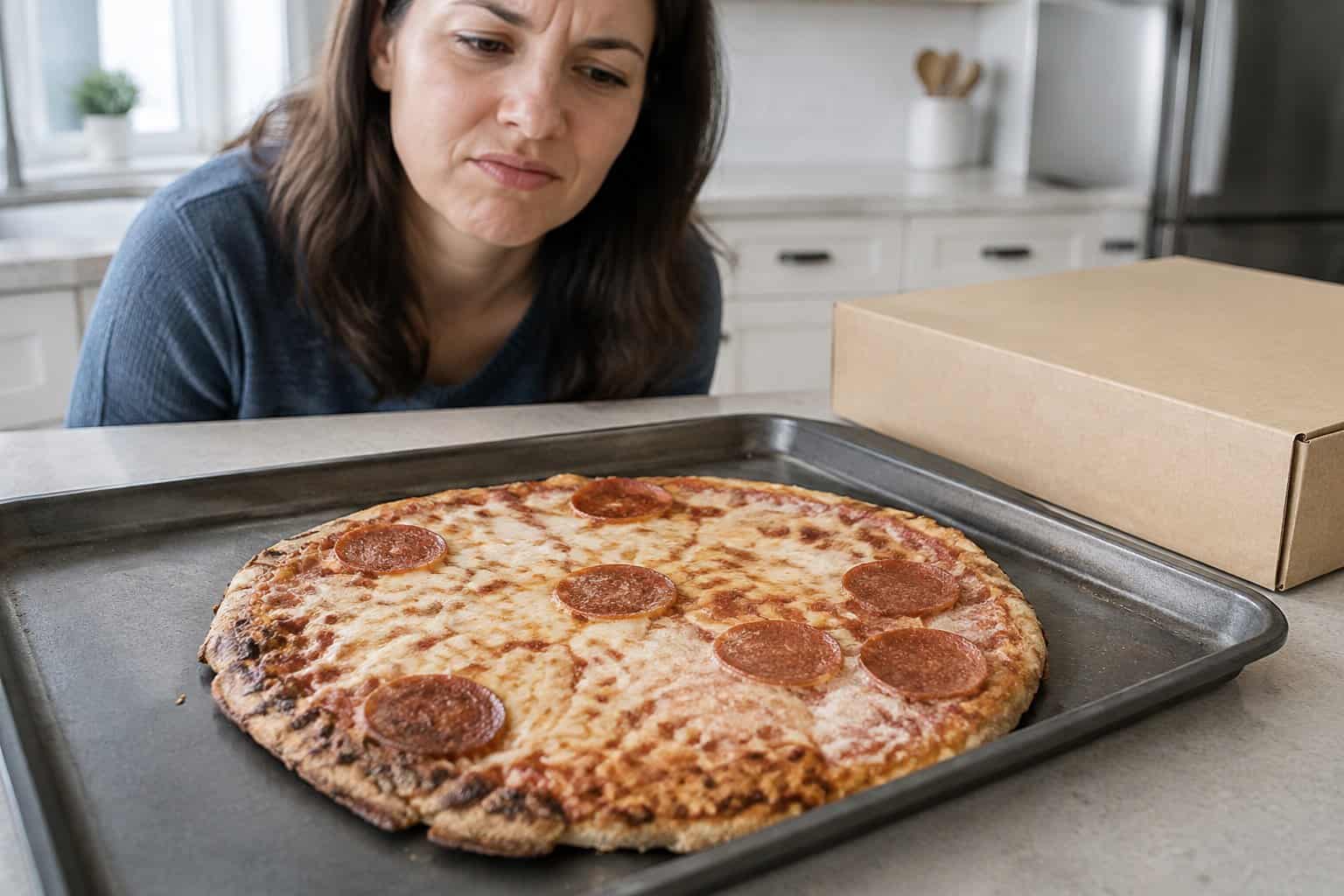 A shopper looks unimpressed beside a pepperoni pizza on a kitchen counter.