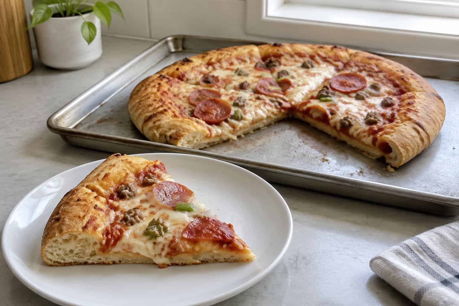 A thick-crust supreme pizza with unevenly distributed toppings sits on a baking tray beside a plated slice.
