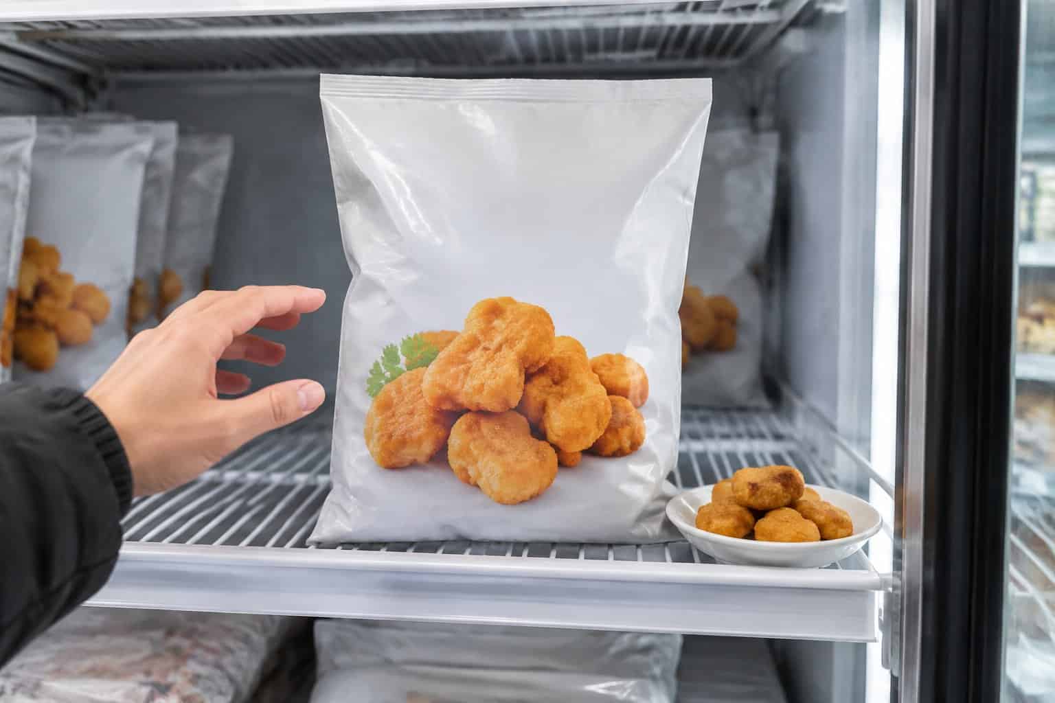 A shopper hesitates beside a bag of frozen chicken nuggets in a supermarket freezer.