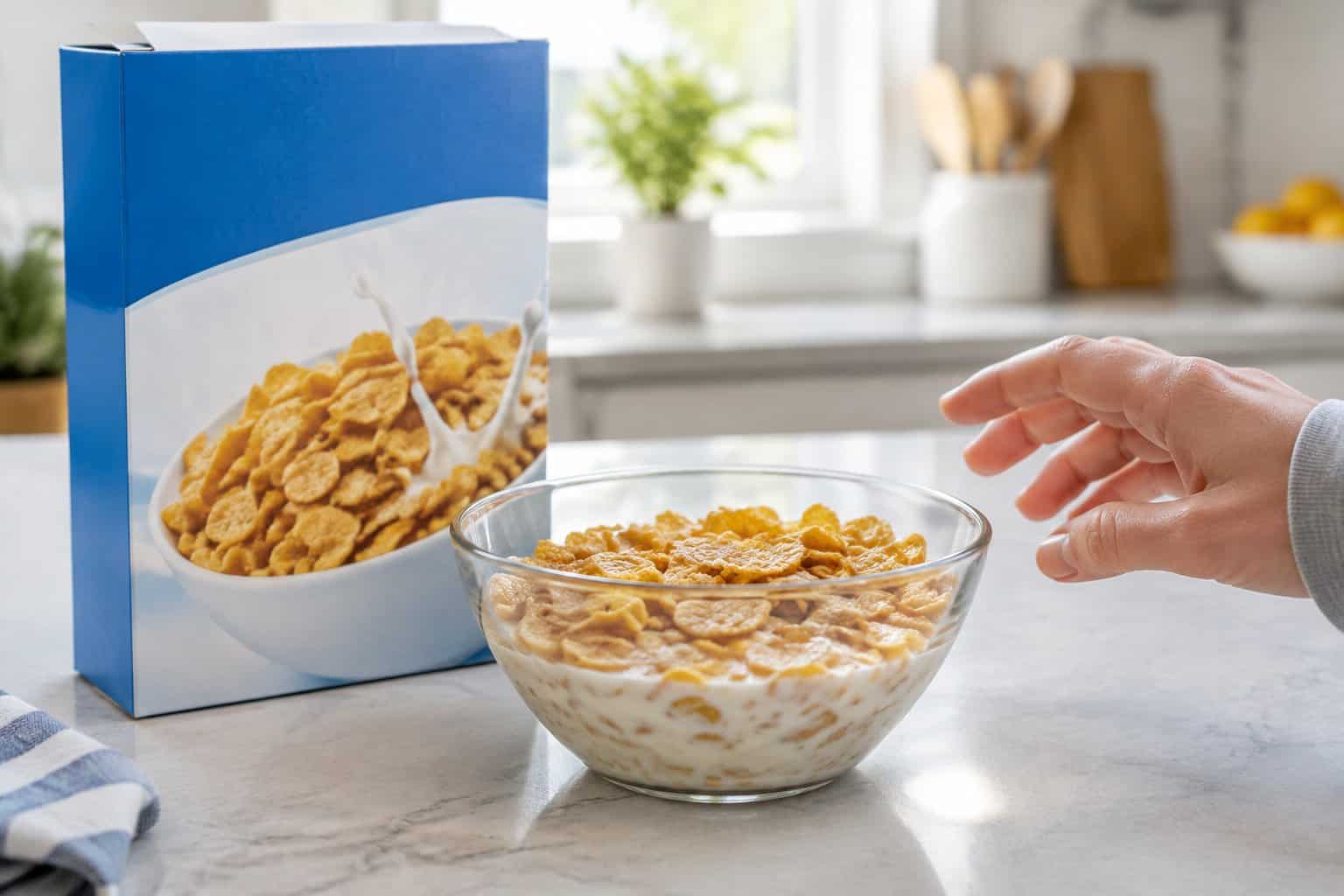 A bowl of frosted flakes sits beside a cereal box on a kitchen counter as a shopper hesitates nearby.
