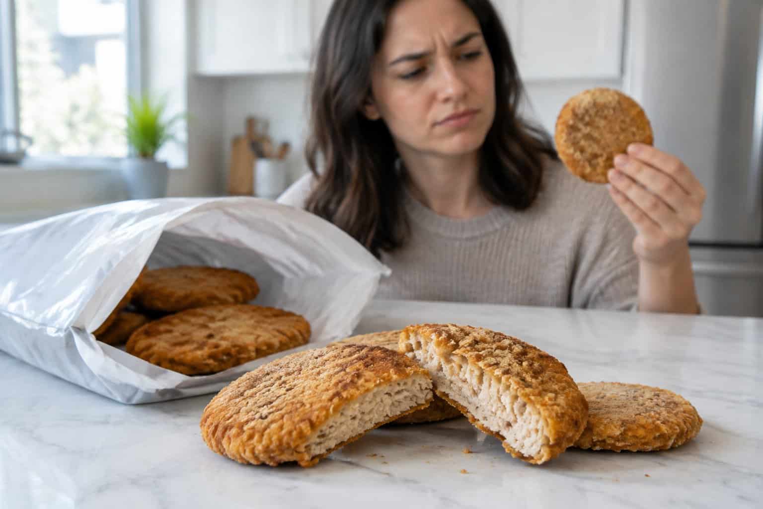 A shopper examines breaded chicken patties beside an opened package on a kitchen counter.