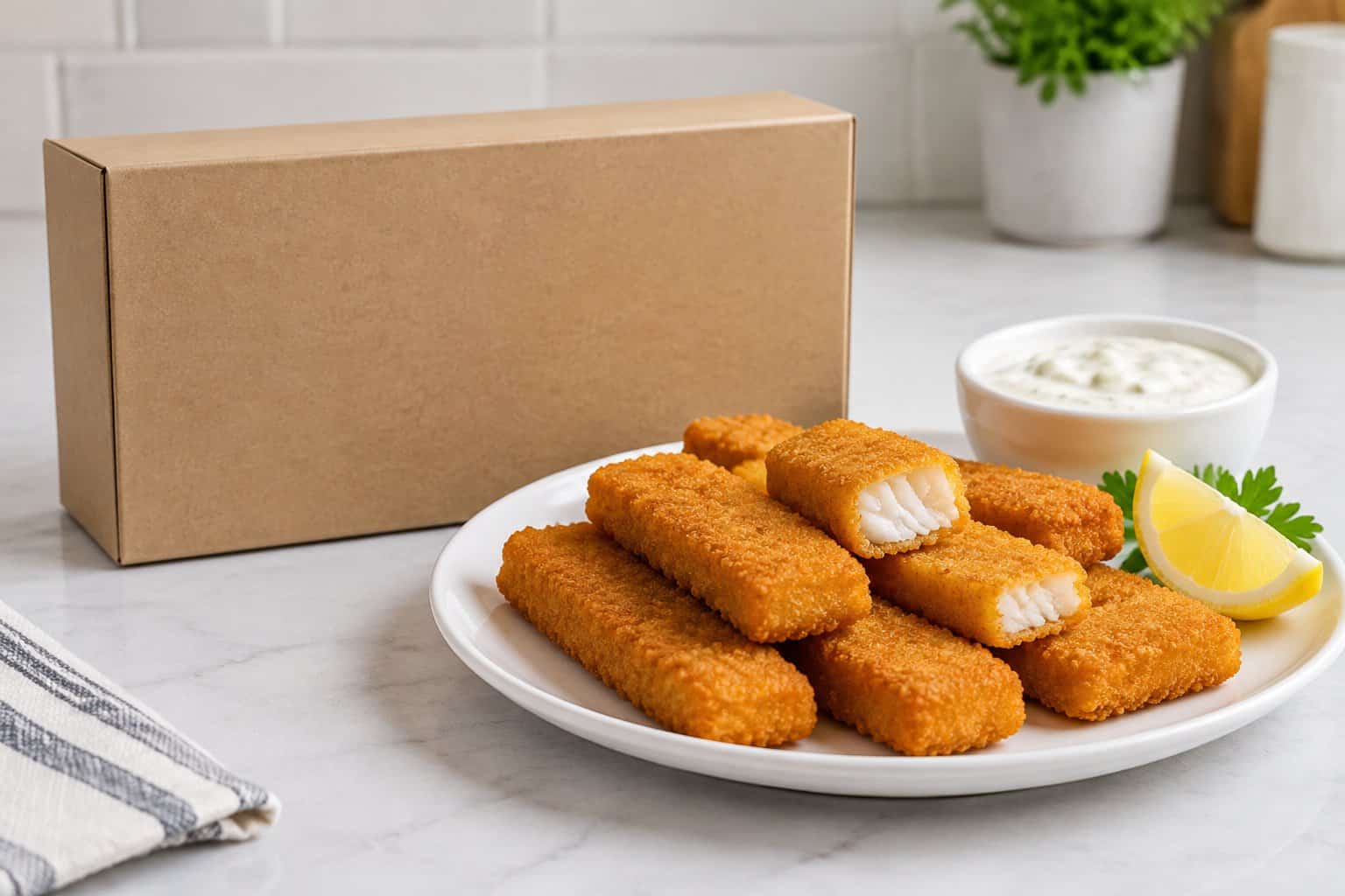 A plate of golden fish sticks beside a plain box and a bowl of tartar sauce.
