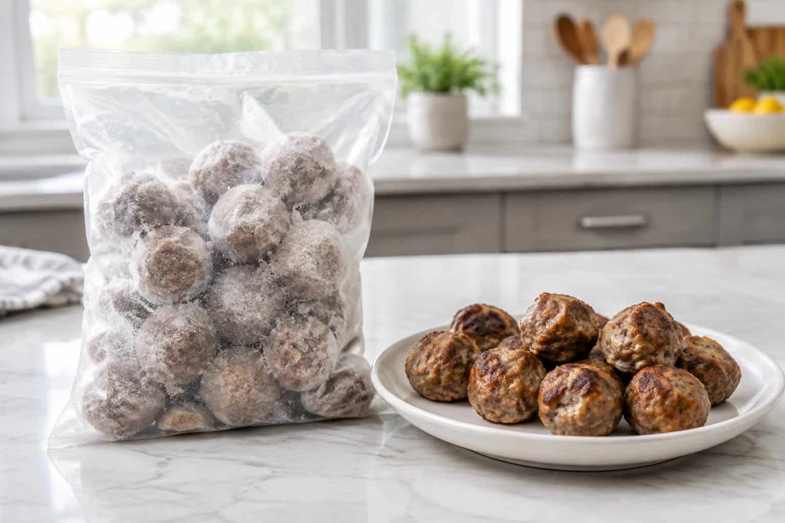 A bag of frozen meatballs beside a plate of cooked meatballs on a kitchen counter.