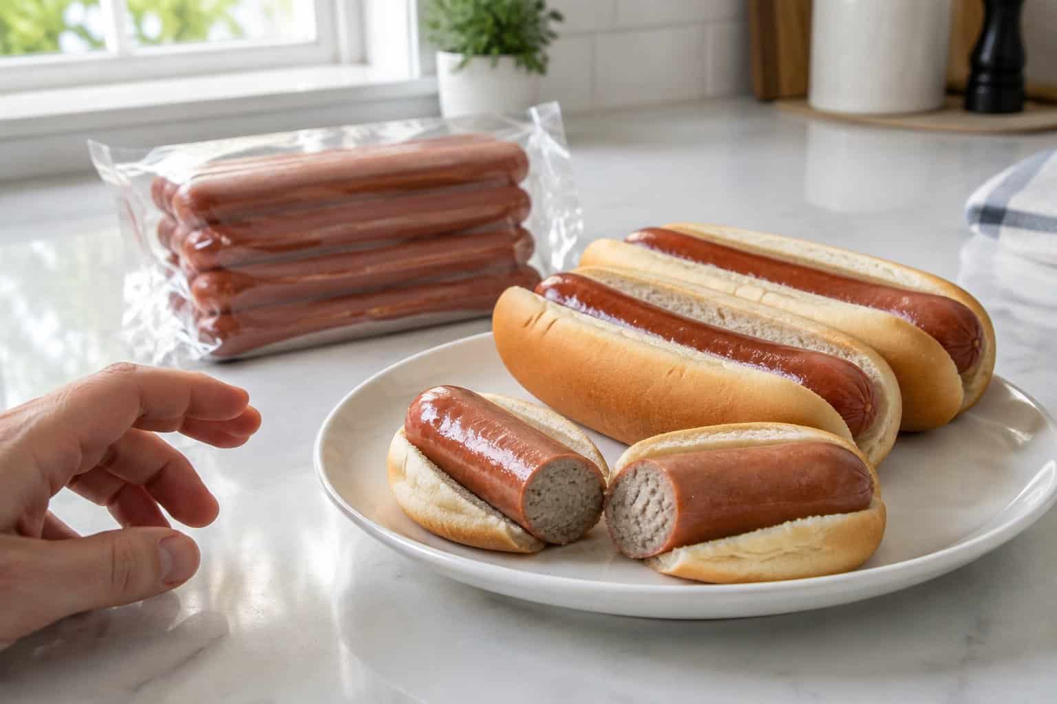 A package of beef franks and cooked hot dogs sit on a kitchen counter, with one frank cut open.