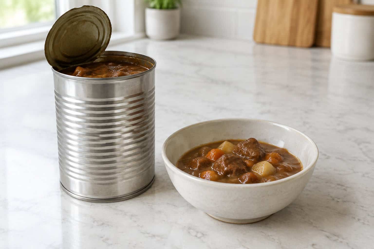 An opened can of beef stew sits beside a bowl of stew on a kitchen counter.