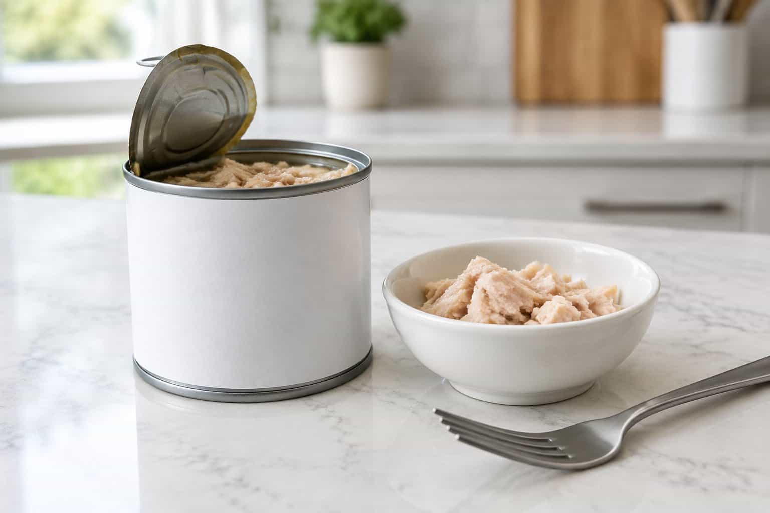 An opened can of chicken beside a bowl of canned chicken on a kitchen counter.