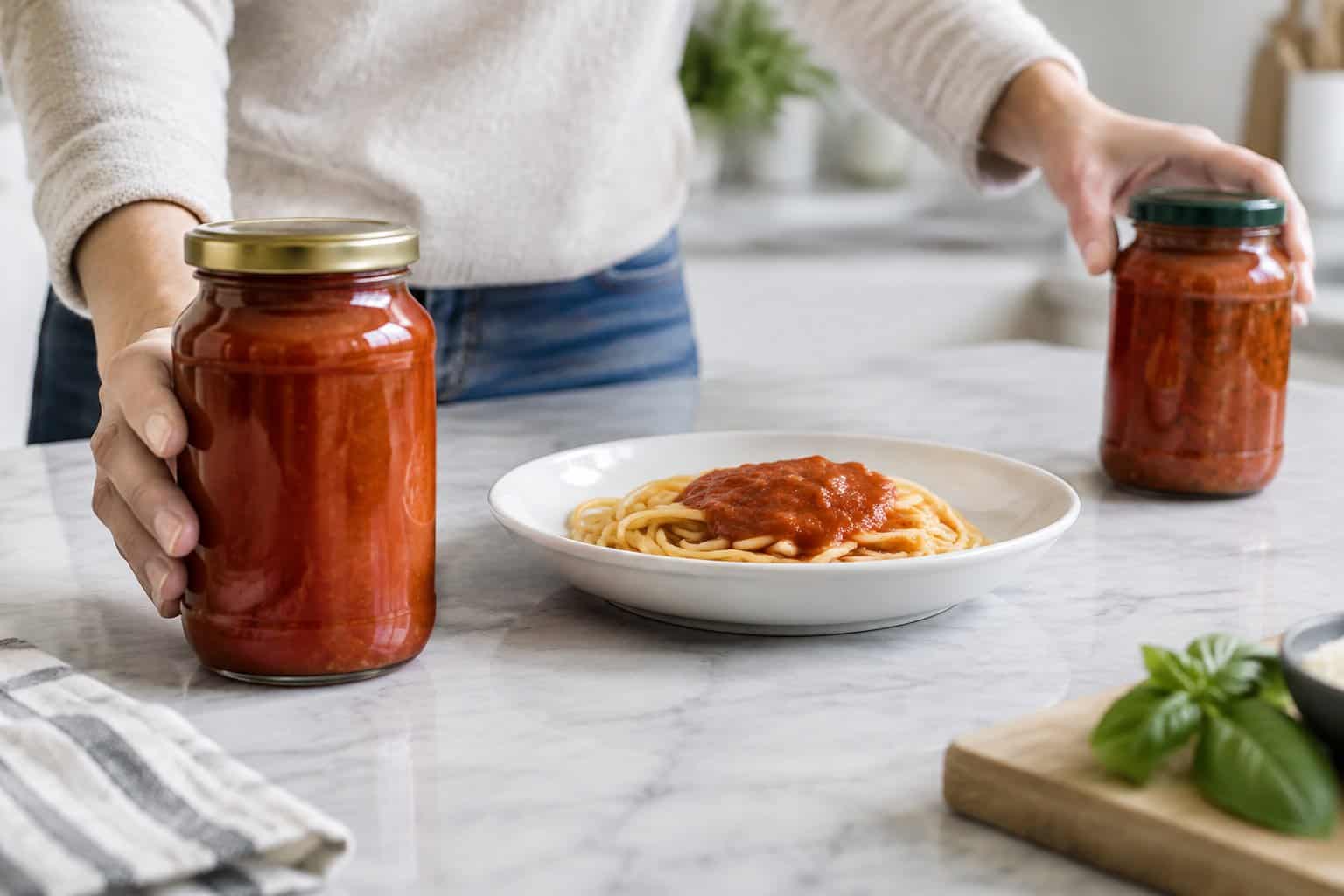 A shopper sets aside a jar of tomato sauce beside a plate of spaghetti.
