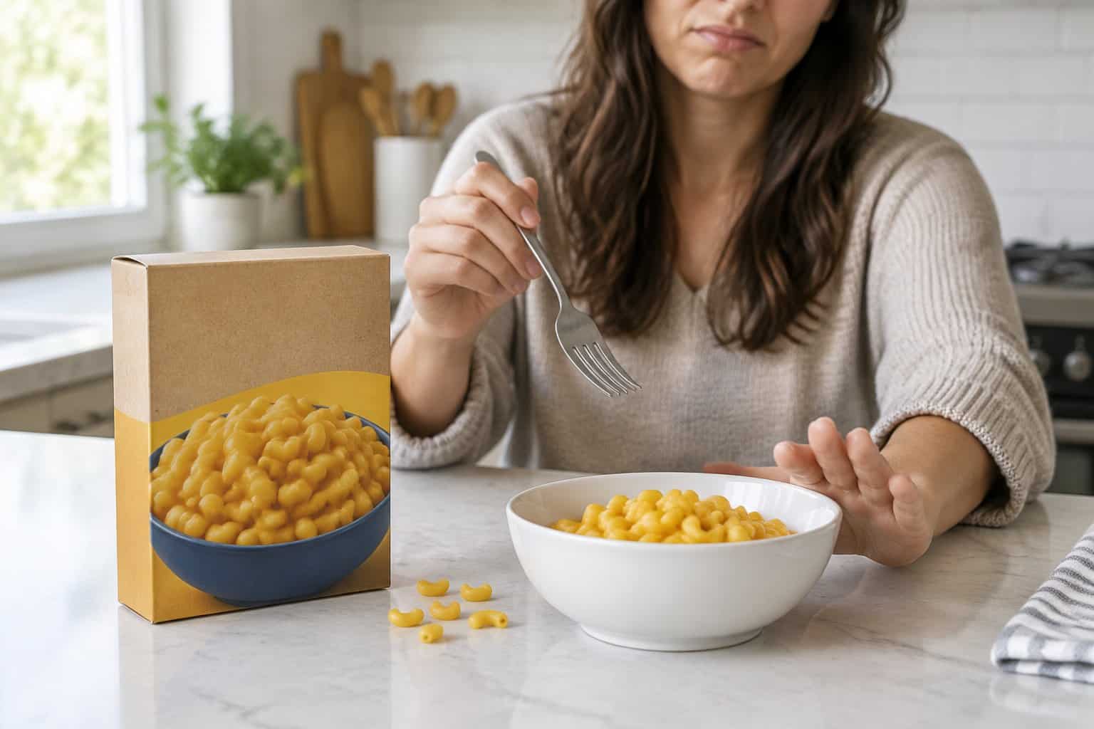 A shopper pushes away a bowl of macaroni and cheese beside a generic food box.