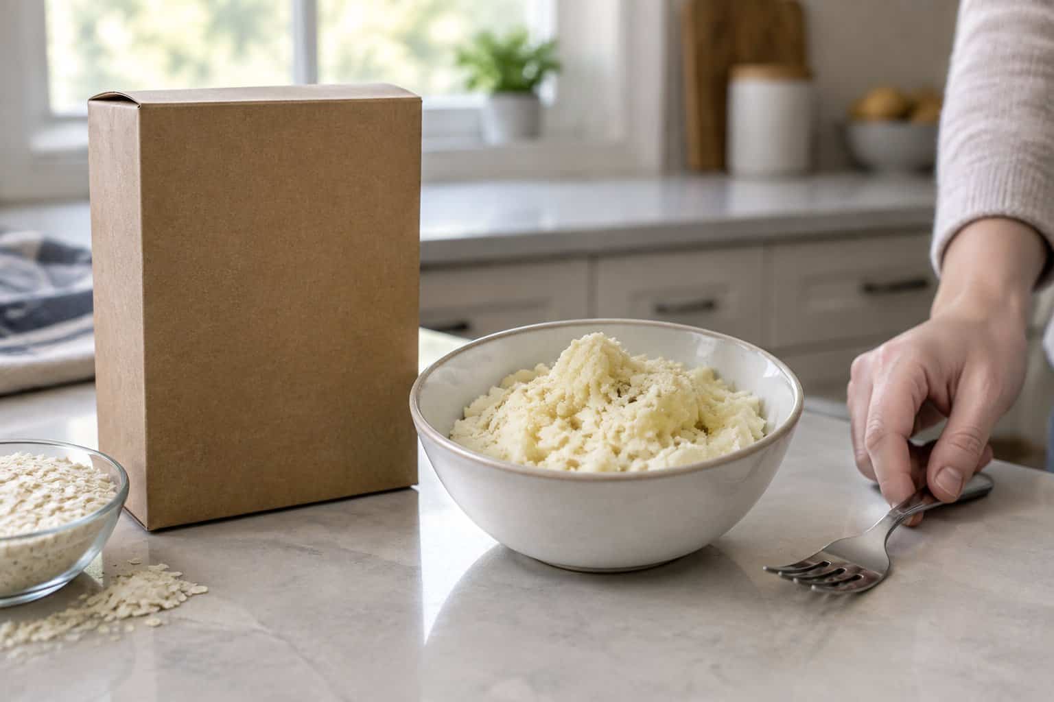 A plain box of instant mashed potatoes sits beside a bowl of lumpy potatoes on a kitchen counter.