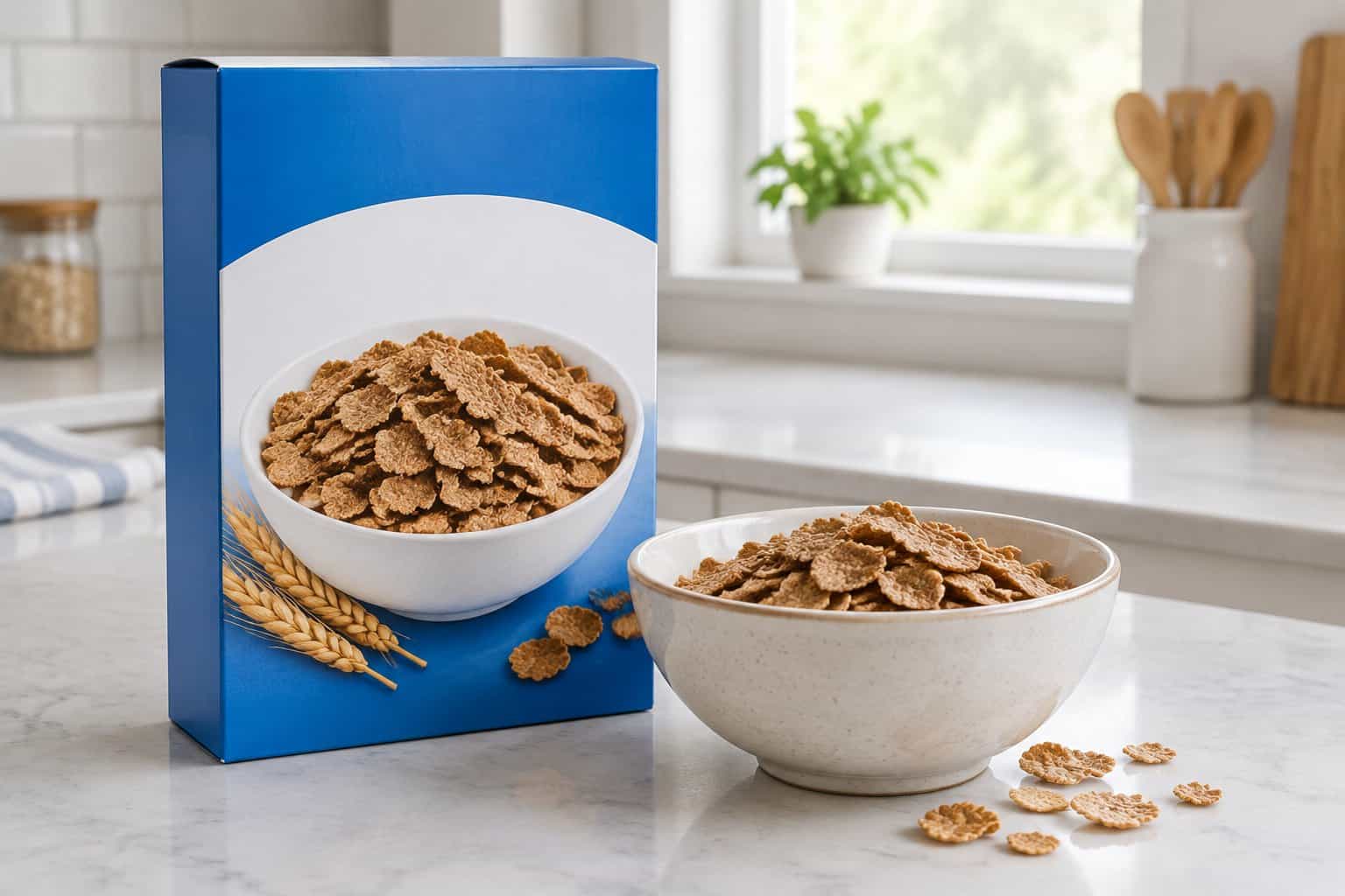 A bowl of bran flakes beside a plain cereal box on a kitchen counter.