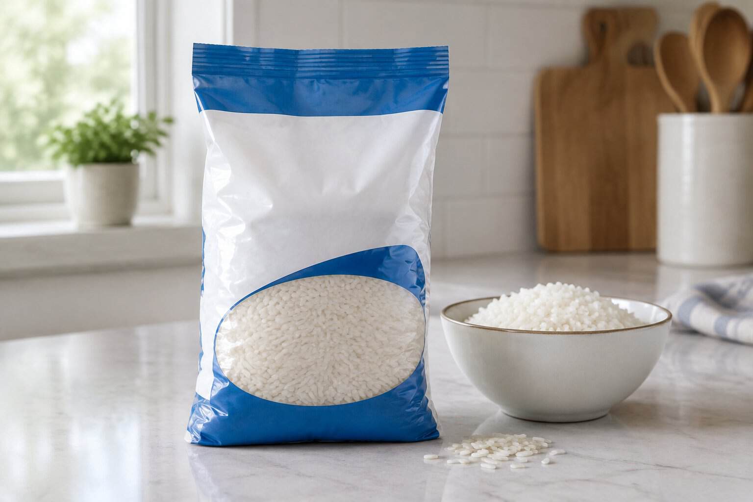 A bag of instant rice beside a bowl of cooked rice on a kitchen counter.