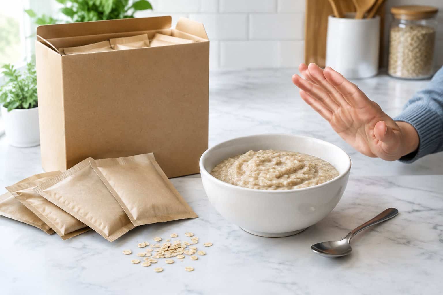 A hand hesitates beside a bowl of oatmeal and a box of oatmeal packets on a kitchen counter.