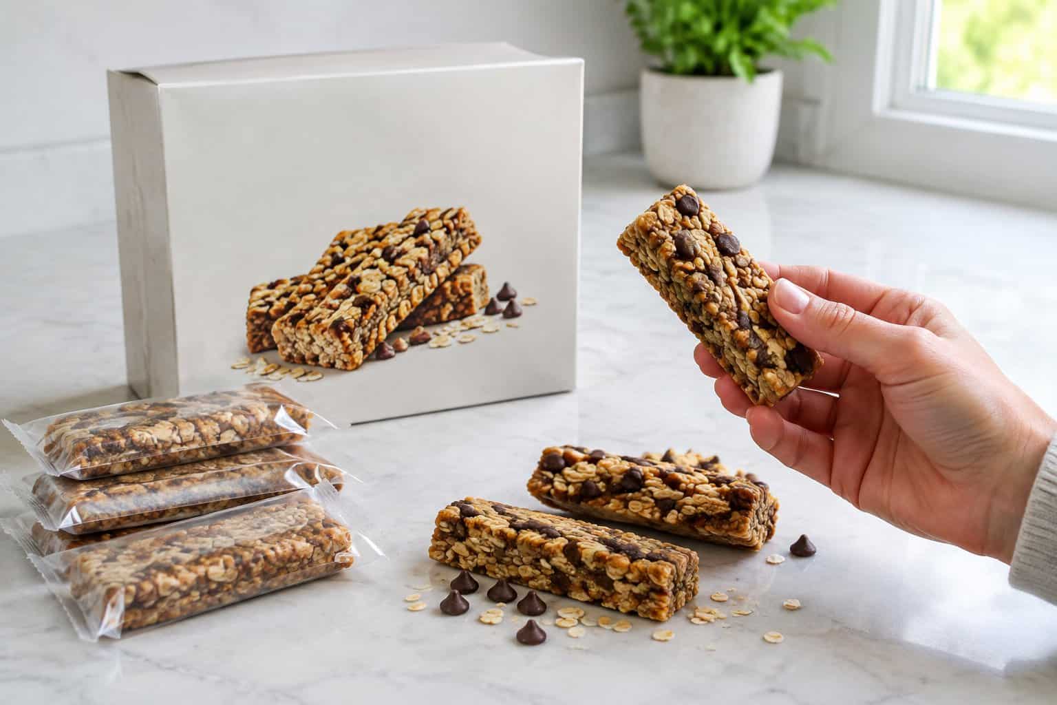 A shopper inspects granola bars arranged on a kitchen counter.