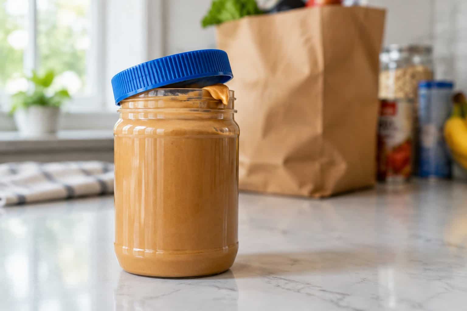 A jar of creamy peanut butter sits on a kitchen counter beside a grocery bag.