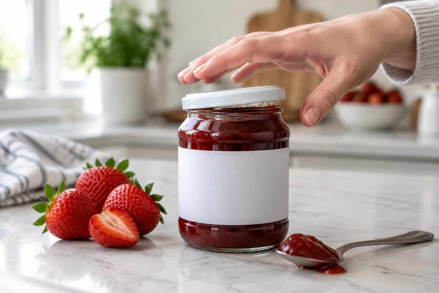 A jar of strawberry preserves sits beside fresh strawberries and a spoon on a kitchen counter.