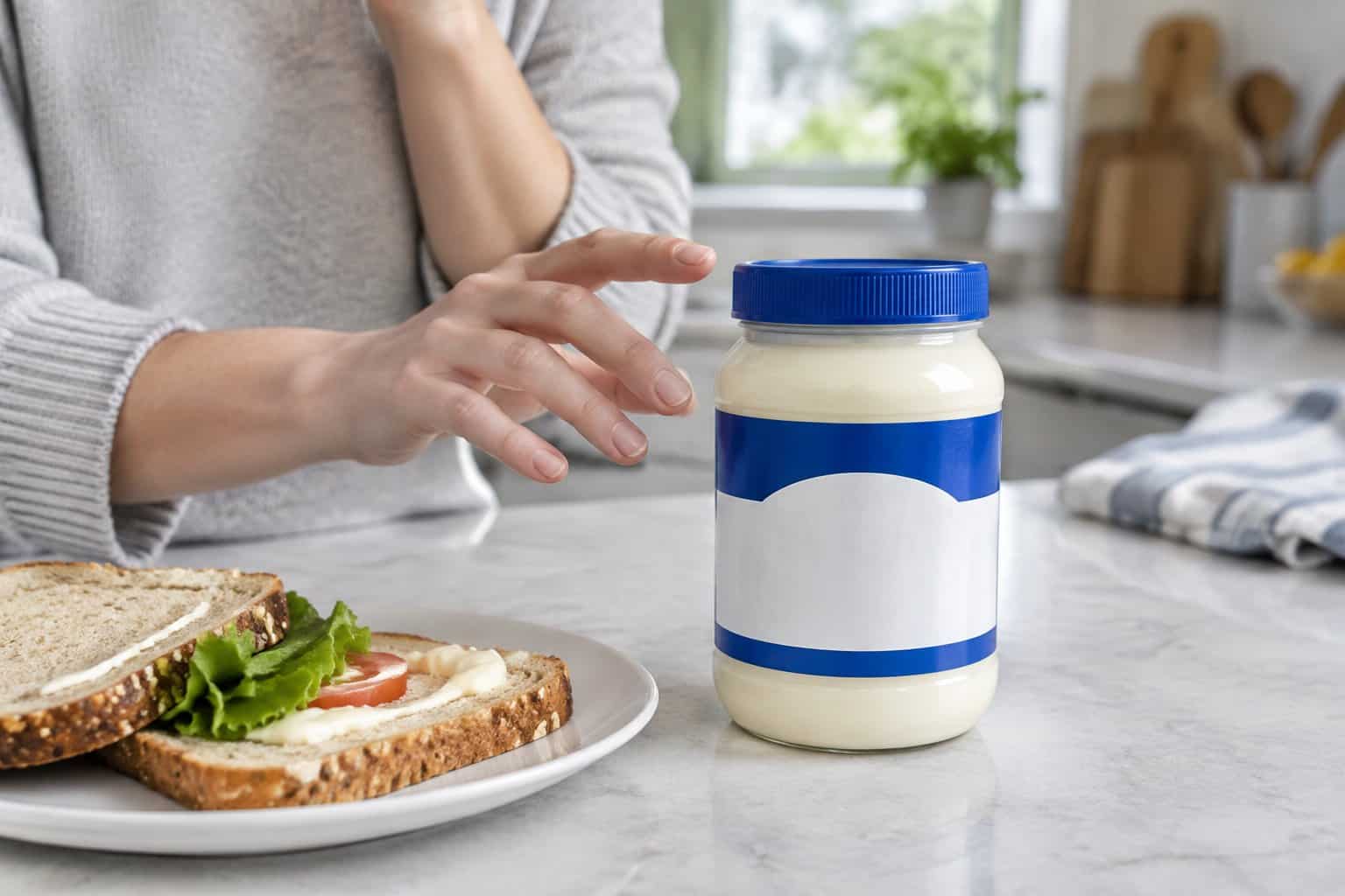 A hand hesitates beside a mayonnaise jar and an open sandwich on a kitchen counter.