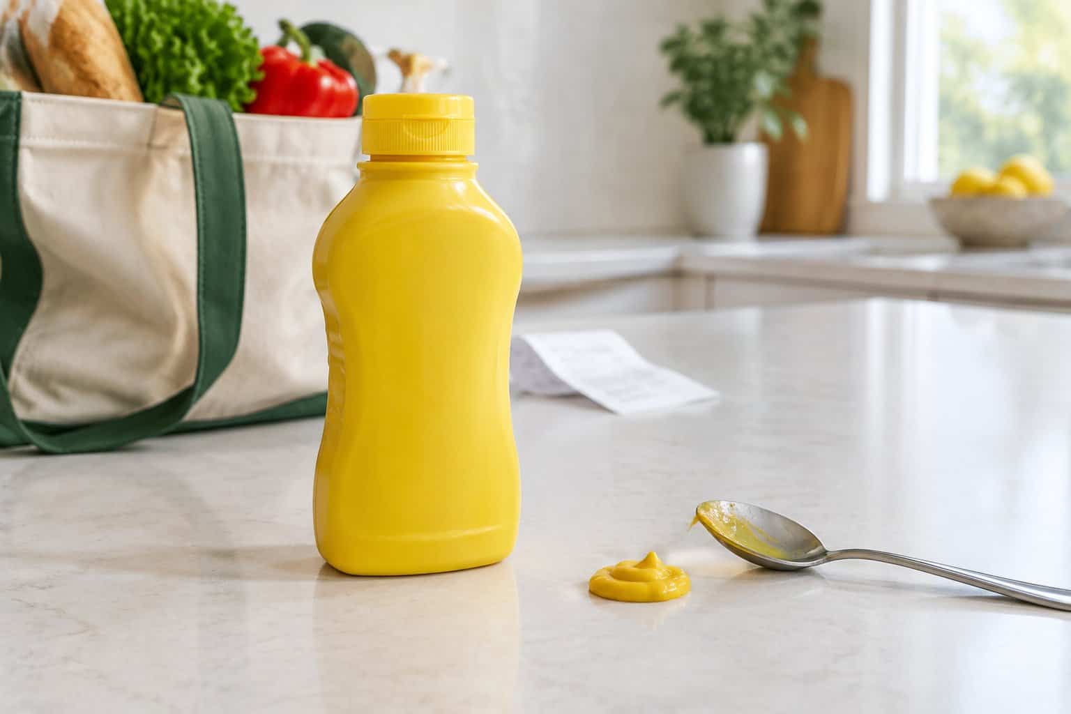A yellow mustard bottle on a kitchen counter beside a spoon and shopping bag.